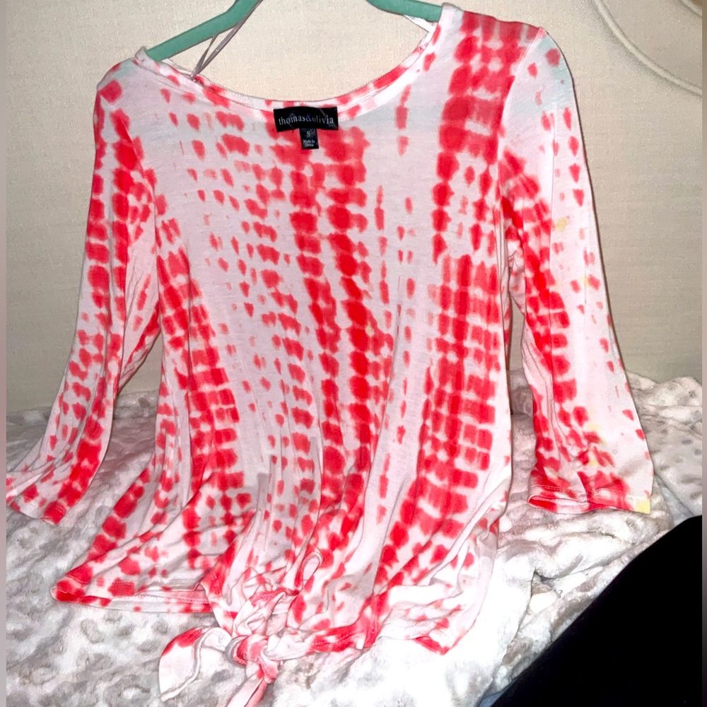 VALENTINES RED & WHITE tie dye blouse CREW NECK with knot tie long sleeve blouse